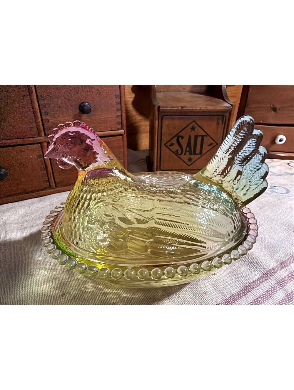 Pastel Rainbow Glass Hen on a Nest 2 piece 7” Country Farmhouse Cottage Decor
